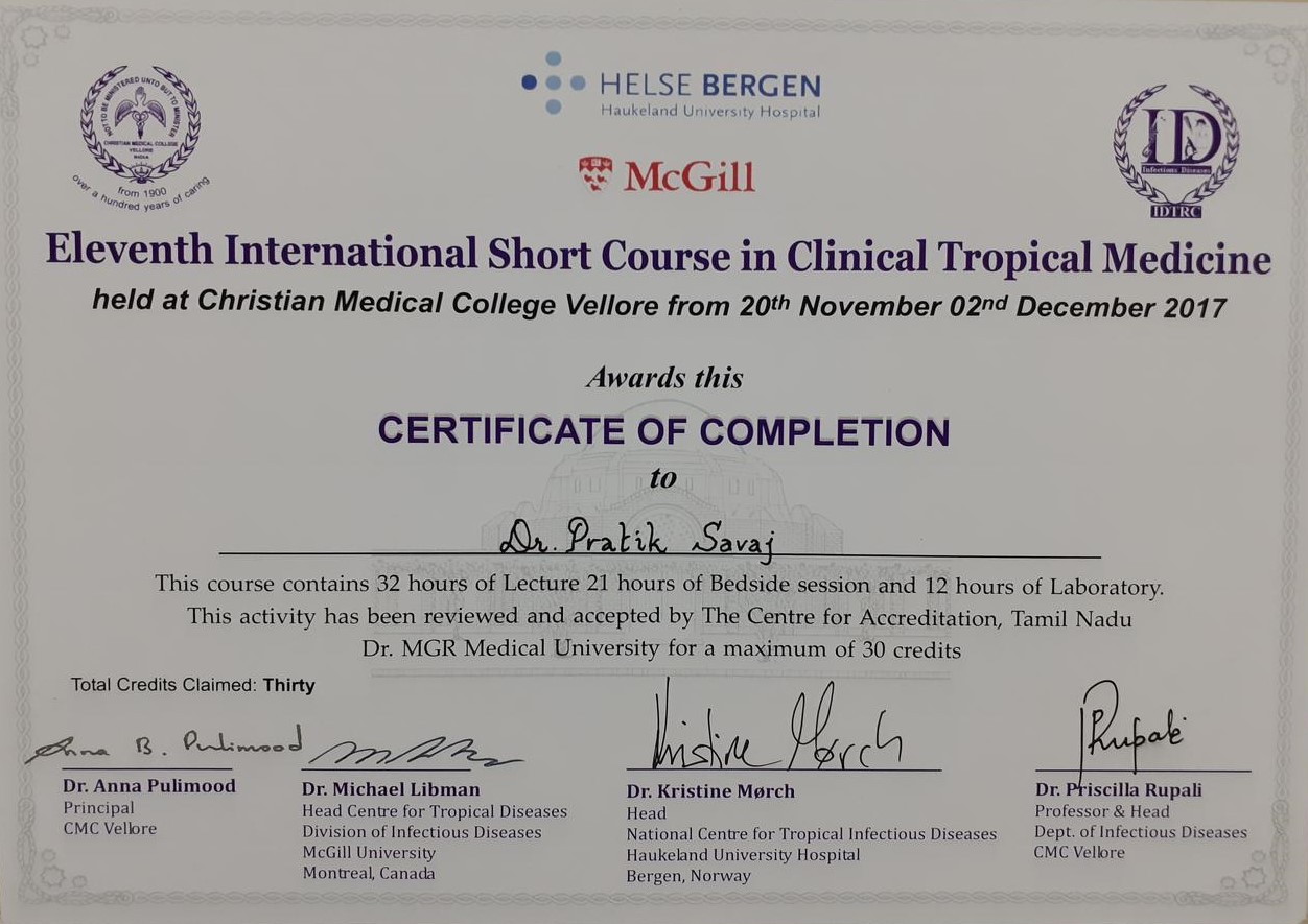 Dr. Pratik Savaj International Clinical Tropical Medicine — CMC Vellore