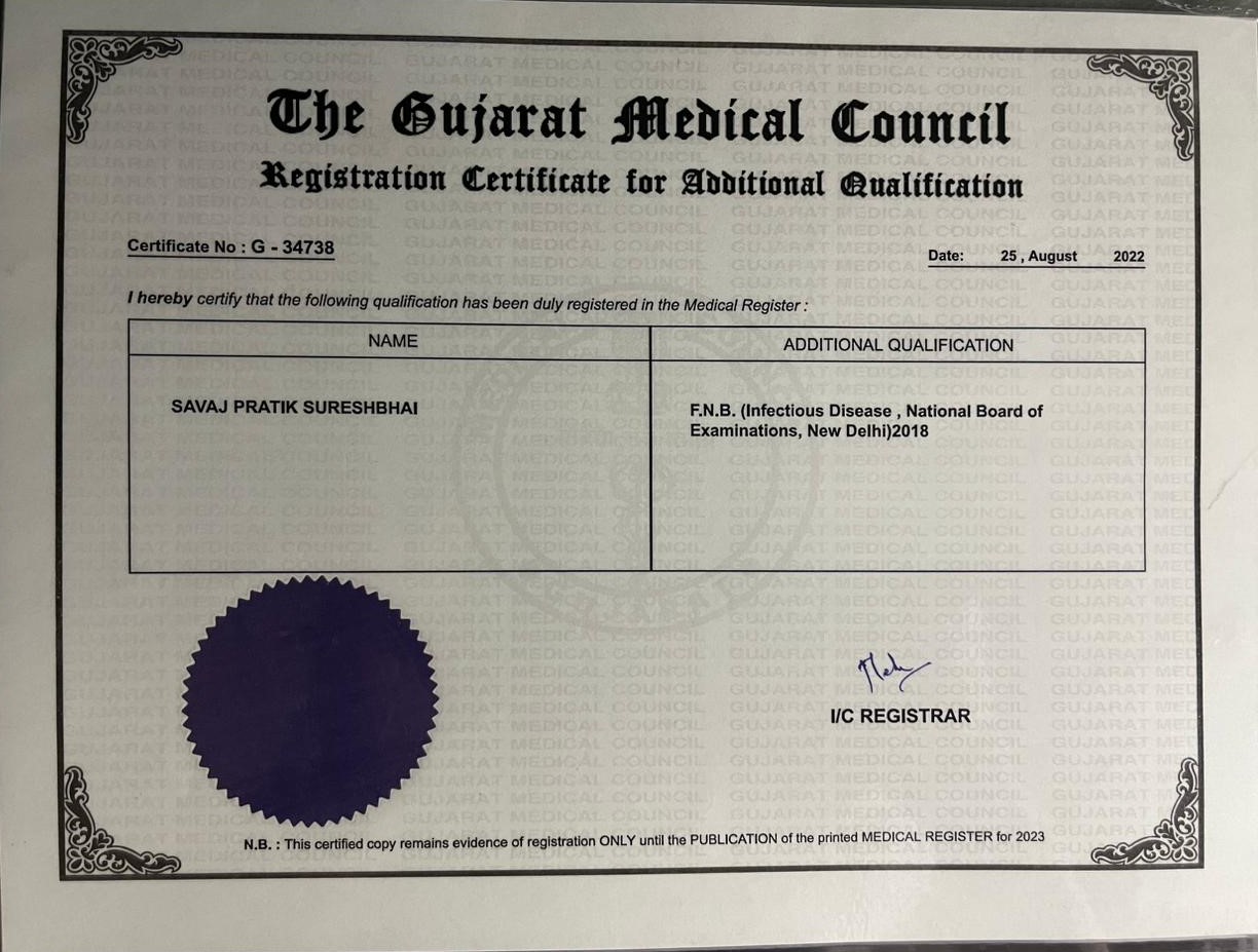 Dr. Pratik Savaj FNB Infectious Diseases Registration — Gujarat Medical Council