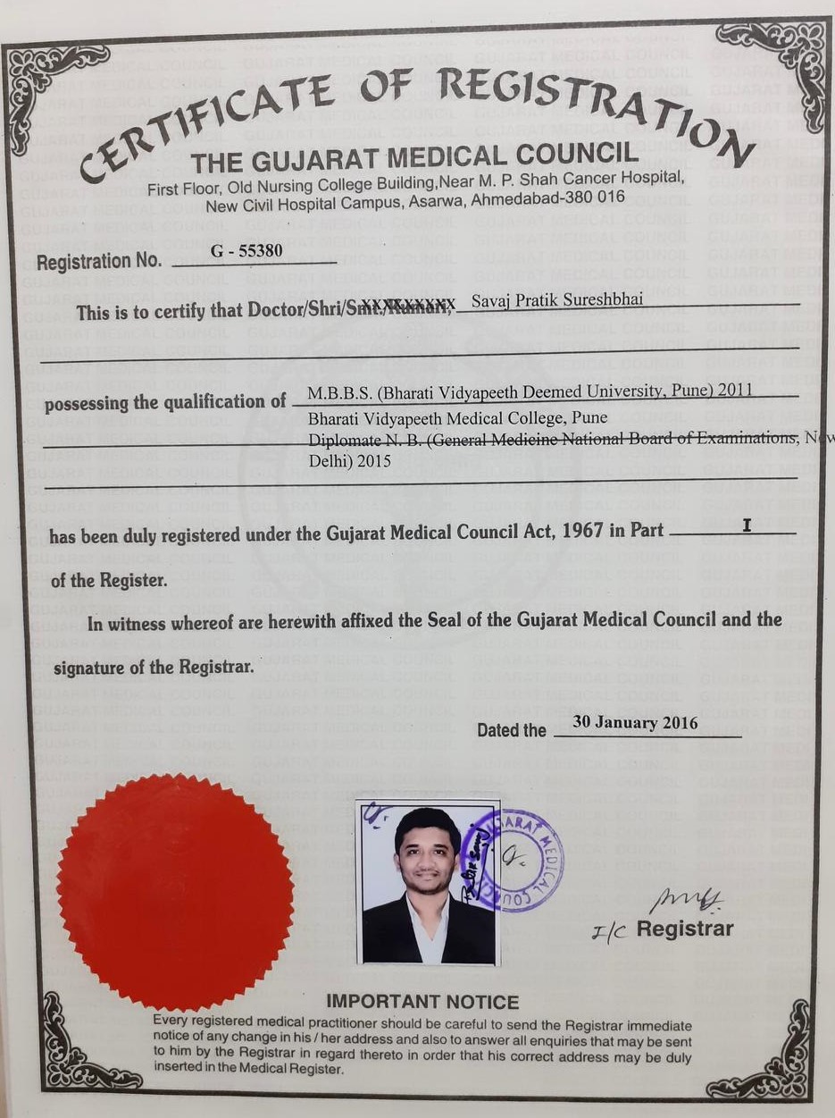 Dr. Pratik Savaj Gujarat Medical Council Registration