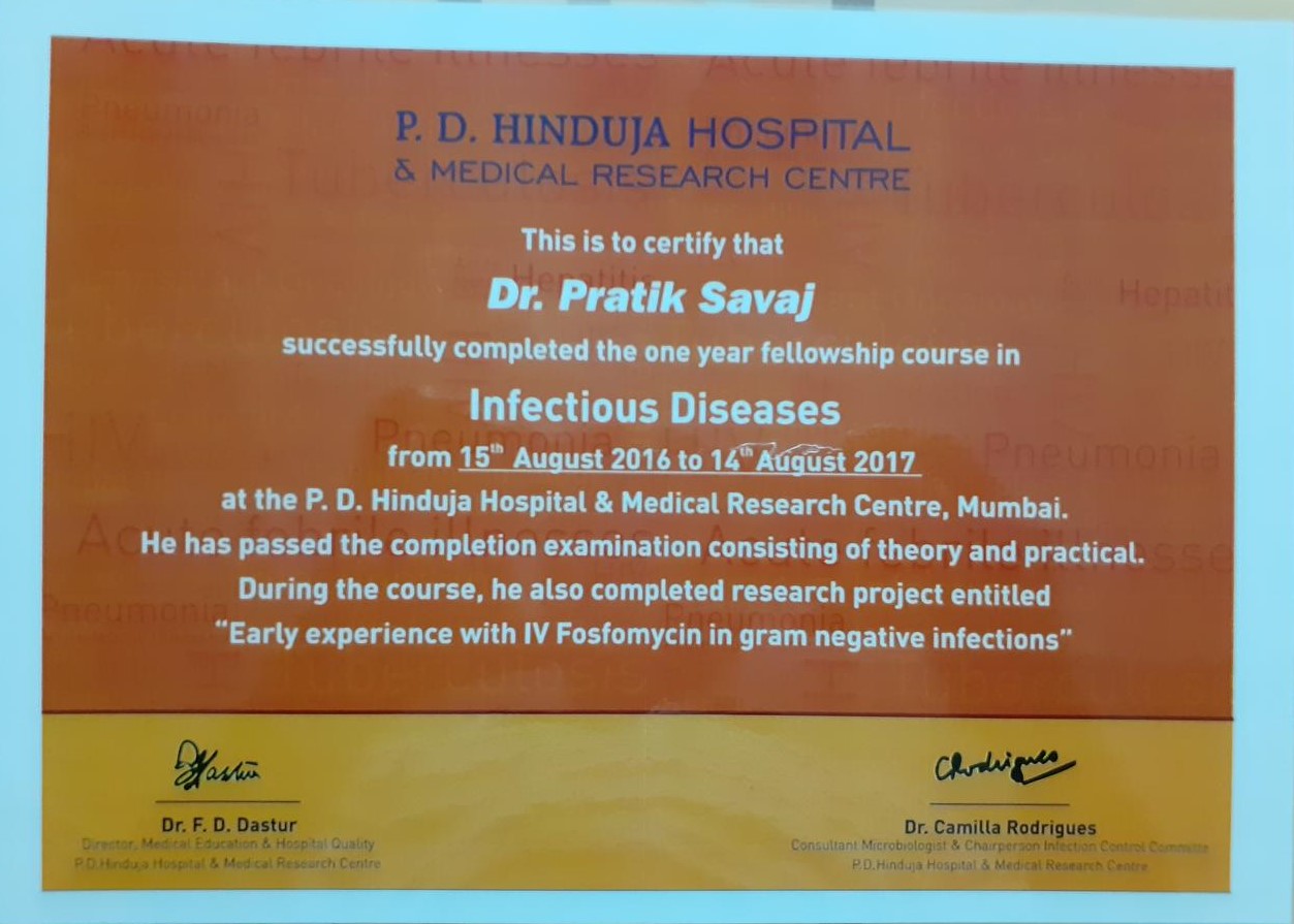 Dr. Pratik Savaj Fellowship in Infectious Diseases — P.D. Hinduja Hospital Mumbai